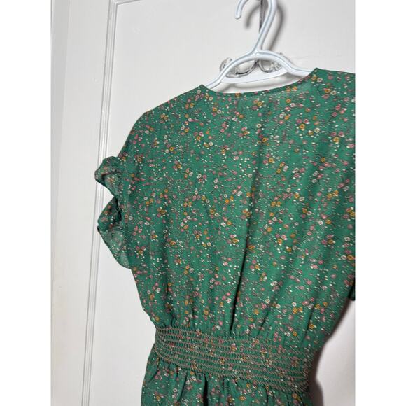 Max Studio Green Floral Ruffle Faux Wrap Short Sleeve Boho Top Blouse Medium - Picture 2 of 9